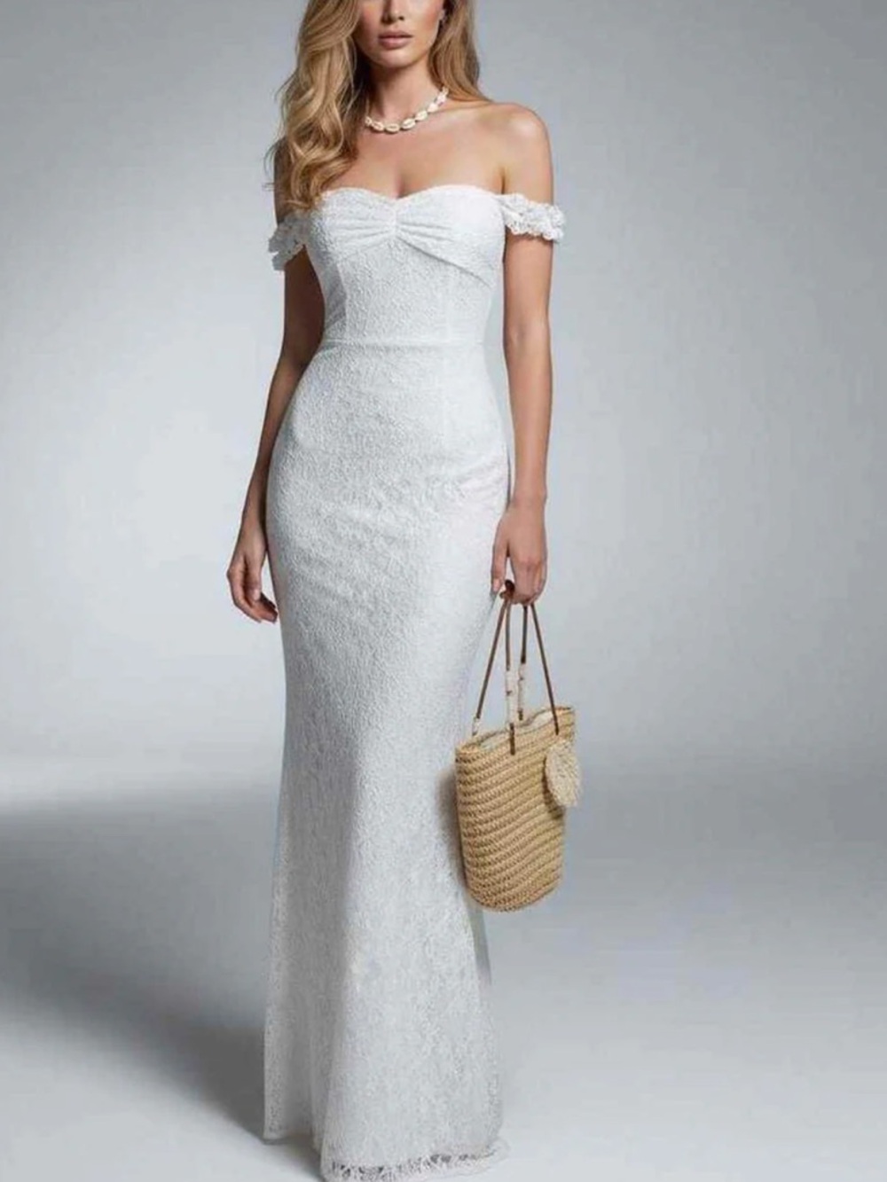 Off-Shoulder White Lace Evening Gown
